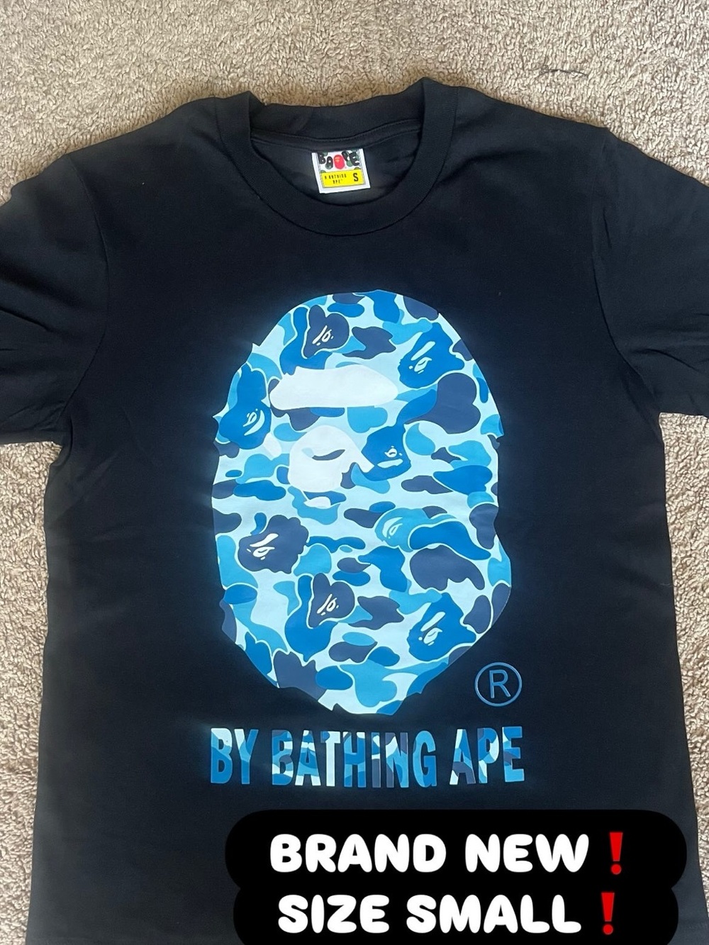 BAPE Black Short-Sleeve Tee with Blue Camo Ape Graphic